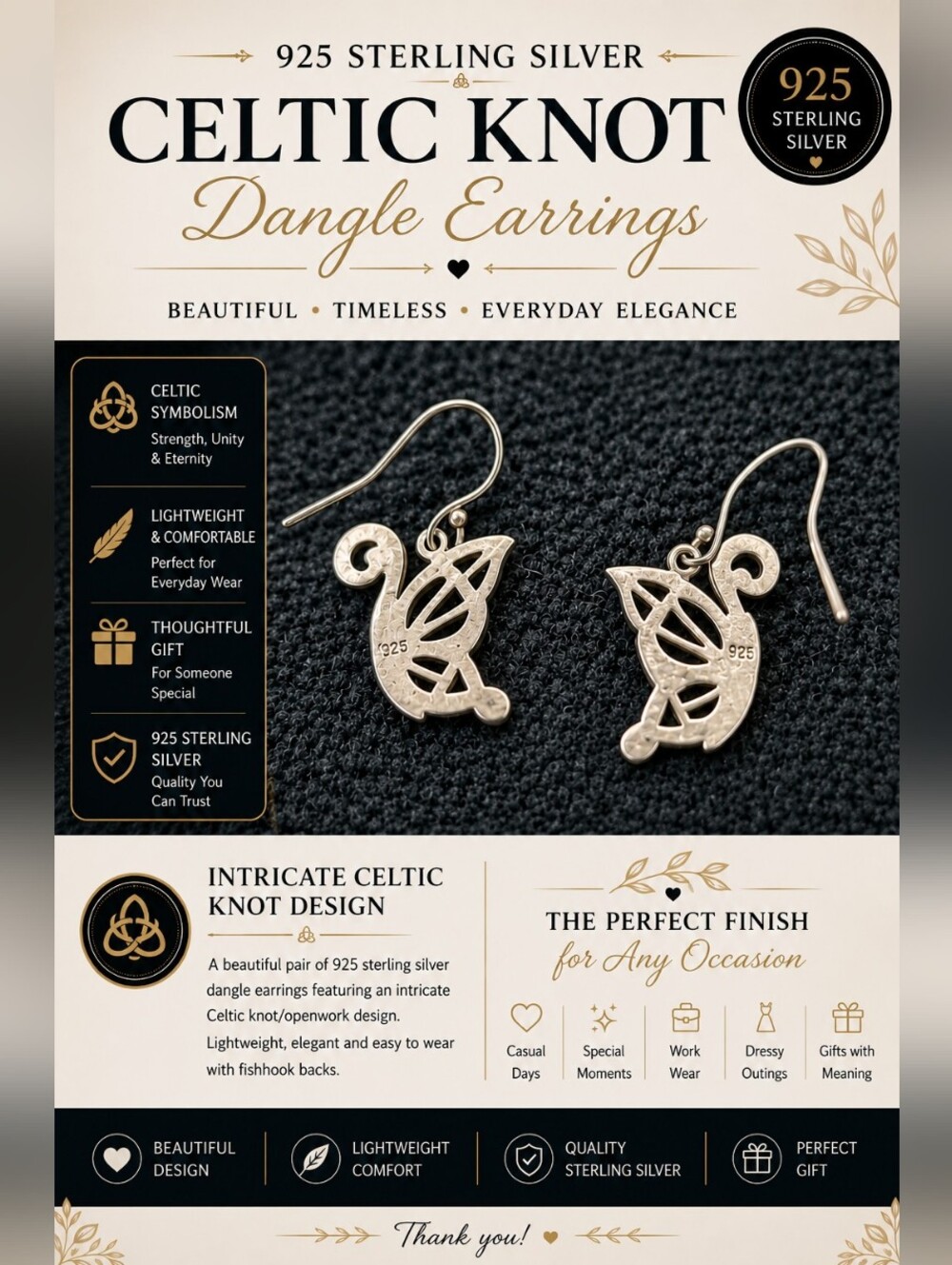 925 Sterling Silver Peace Dove Dangle Earrings • Women’s Jewelry